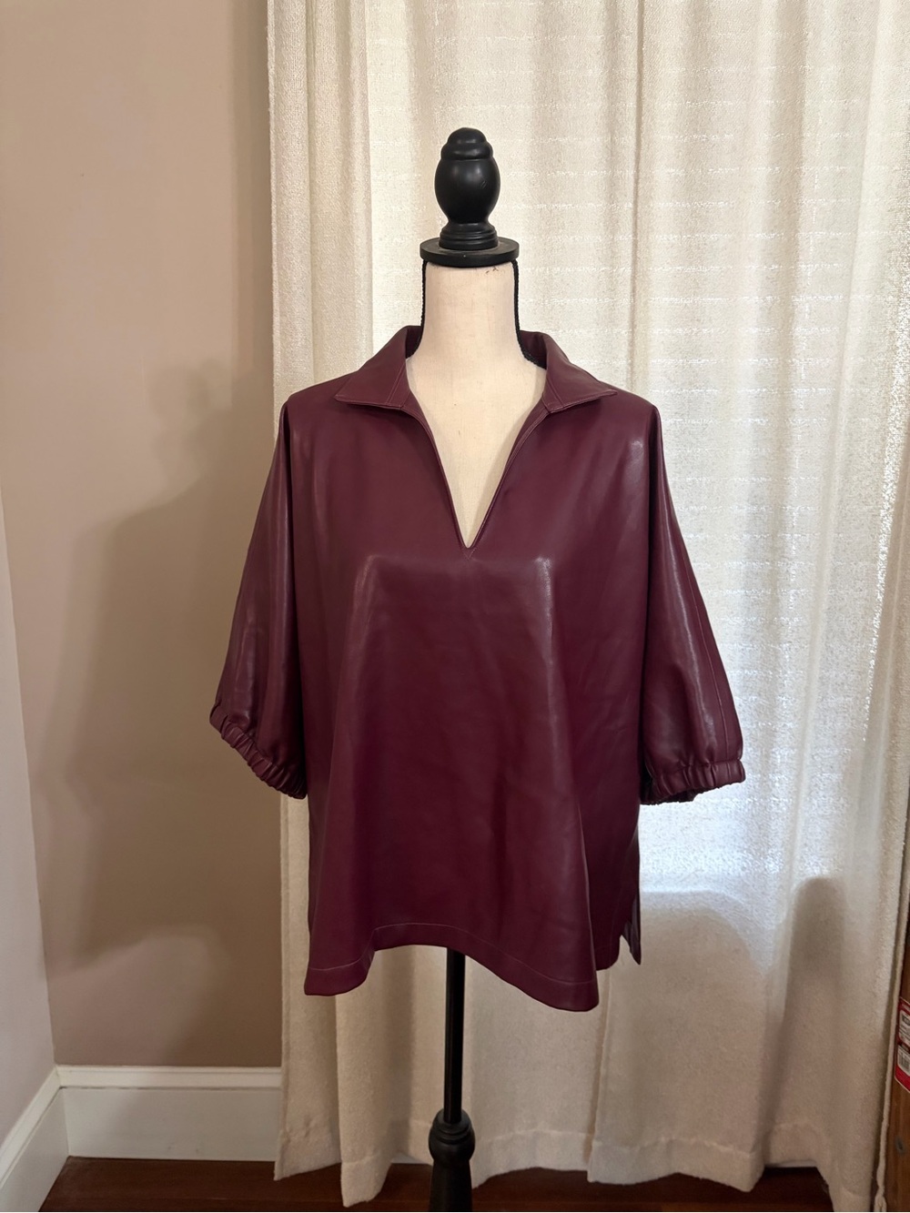 Emily McCarthy V-Neck Faux Leather Tunic Top - Burgundy - Picture 2 of 4
